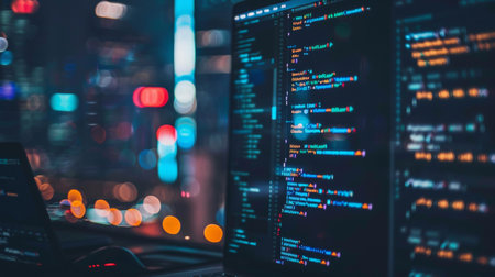 Programming code on computer monitor in the night. Web development.の素材