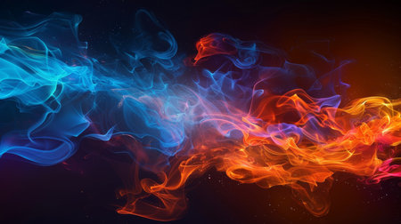 Abstract background of blue and red colored smoke waves isolated on black backgroundの素材