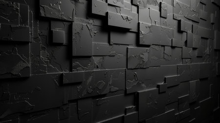 Black broken brick wall. Abstract background. 3D rendering illustration.の素材