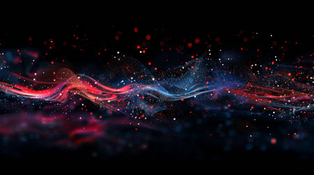 3d render of abstract red and blue particles on black background with bokeh effectの素材