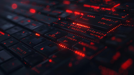 Computer keyboard with red glowing keys. 3D rendering toned imageの素材