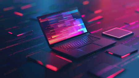 Laptop computer with binary code on the screen. 3d renderingの素材