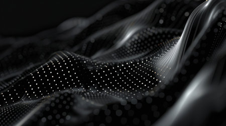 3d render of abstract wavy surface with glowing particles. Futuristic background with dynamic particles.の素材
