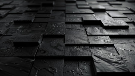 3d rendering of a reflective wall made of black tiles with water dropsの素材