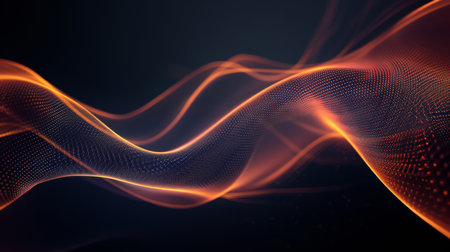 3D illustration of abstract digital particles wave flowing with depth of field and bokehの素材