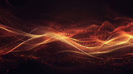 3d illustration of abstract wavy background with glowing particles in dark space.の素材
