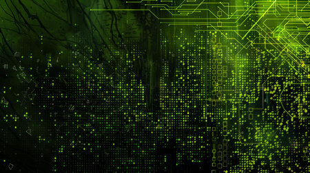 Abstract green background with circuit board and binary code. Technology concept.の素材
