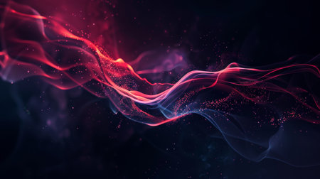 Dark abstract background with red and blue glowing waves, design element.の素材
