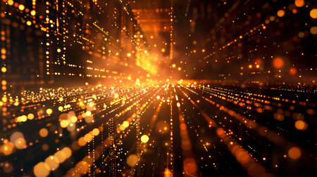Abstract technology background with glowing particles. 3D illustration. Yellow and orangeの素材