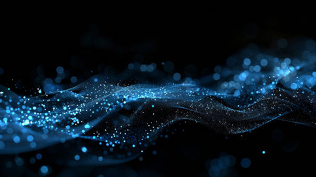 3d rendering of abstract blue particles wave flow with depth of field and bokeh effect on black backgroundの素材