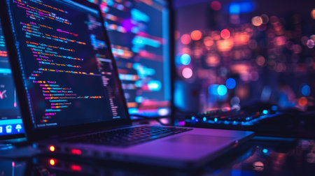 Programmer working on laptop computer at night in datacenter.の素材