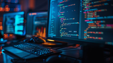 Computer screen with program code. Programmer working on computer at nightの素材