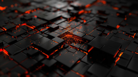 Abstract 3d rendering of chaotic black and red geometric shapes. Futuristic background with glowing cubes.の素材