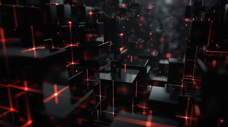 3d rendering of abstract background with black cubes and red light.の素材