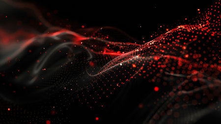 3d rendering of abstract red particles wave flow with depth of field and bokeh light in dark backgroundの素材