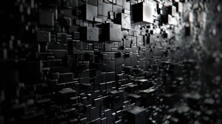 Abstract 3d rendering of chaotic geometric shapes in black and white colorsの素材
