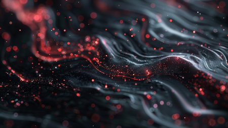 3d render of abstract water surface with red glowing particles. Bokeh light effect backgroundの素材