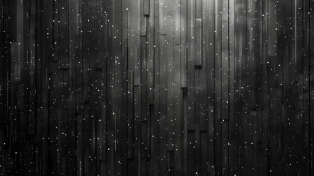 Black wooden wall background with snowflakes. 3d render illustrationの素材
