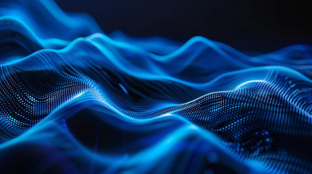 3d rendering of glowing particles in empty space. Futuristic blue background with depth of field and bokeh. 3d renderの素材