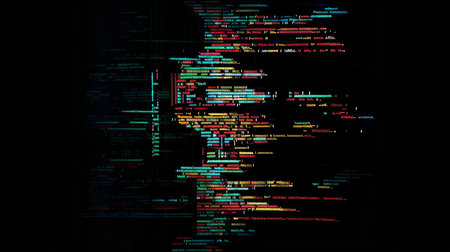 Programming code on computer monitor. Programmer coding on black background.の素材