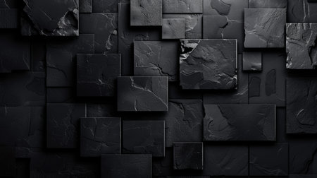 Abstract black stone wall texture background. 3d render illustration with square tilesの素材