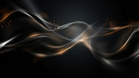 abstract black background with golden waves and halftone dots.の素材
