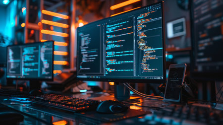 Programmer working on a computer in a software develop company office.の素材