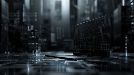 3d rendering of a laptop on the table in a dark officeの素材