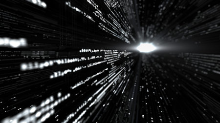 Digital composite of binary code against black background with flare and lens flareの素材