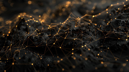 Abstract 3d rendering of polygonal wireframe landscape with connecting dots and lines. Futuristic polygonal background. Network connection structure.の素材