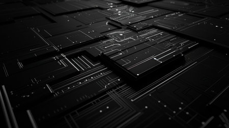 Abstract technological background made of black circuit board. 3d render illustrationの素材