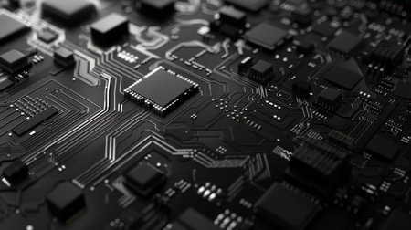 Circuit board closeup. Electronic computer hardware technology. Motherboard digital chip. 3D renderingの素材
