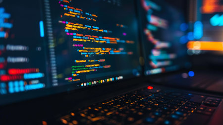 Programming code on the laptop screen. Programmer working on a computer at night.の素材