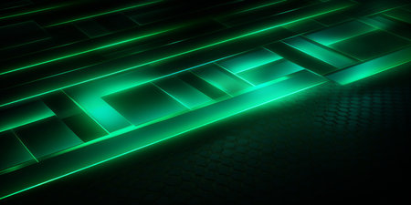 Abstract technology background with green glowing lines. 3d render illustration.の素材