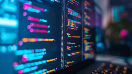 Programming code on computer monitor. Programmer working on laptop.の素材