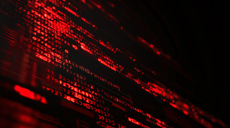 Red binary code on black background. Close up of computer program code.の素材