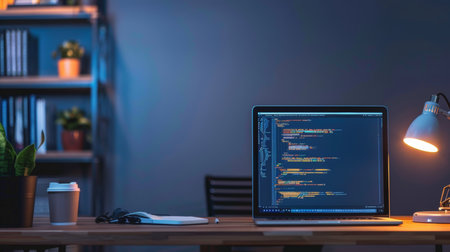 Computer monitor with program code on table in office at night. Programming and coding conceptの素材