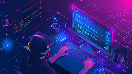 Cyber security concept. Female hacker with laptop and computer monitor. Vector isometric illustrationの素材