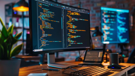 Programmer working in a software developing company office. Developing programming and coding technologies.の素材