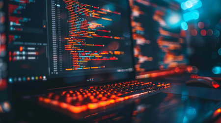 Programming code on computer monitor in datacenter. Software development and coding concept.の素材