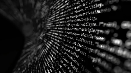 Black and white binary code on the black background. The concept of coding and programming.の素材