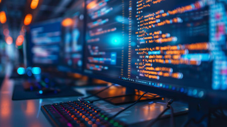 Computer monitor with program code. Programming and coding concept. Blurred background.の素材