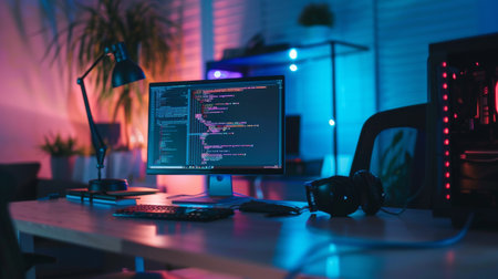 Programmer working on a computer in a dark room at night.の素材