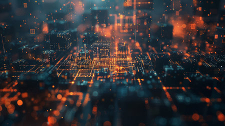 3d rendering of abstract digital city with glowing lights and particles.の素材