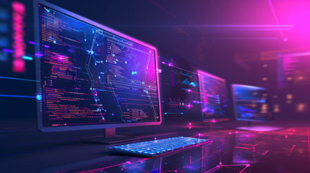 Computer screen with programming code. Programming and coding concept. 3D Renderingの素材