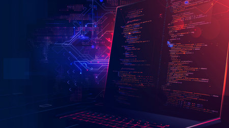 Programming code on the laptop screen. Abstract technology background. Vector illustrationの素材