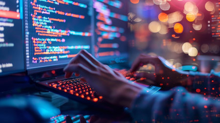 Programmer working on computer at night. Close up of hands typing on computer keyboardの素材