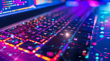 Computer keyboard with colorful lights, shallow depth of field, closeupの素材