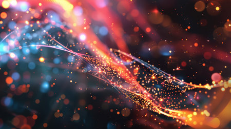 3d rendering of glowing particles in empty space. Futuristic background with depth of field and bokeh effect. Abstract image with depth of field.の素材