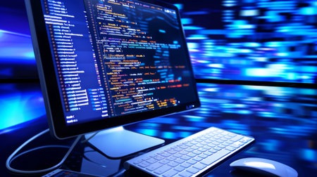 Programming code on computer monitor. Abstract background. 3d illustrationの素材